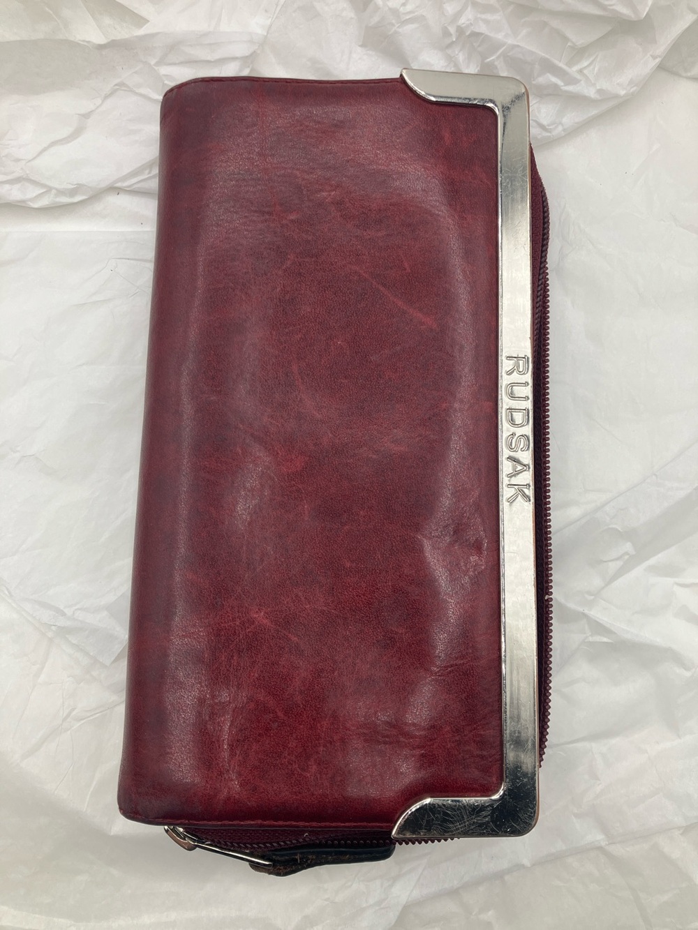 RUDSAK Deep Burgundy Leather Zip Wallet with Silver Trim